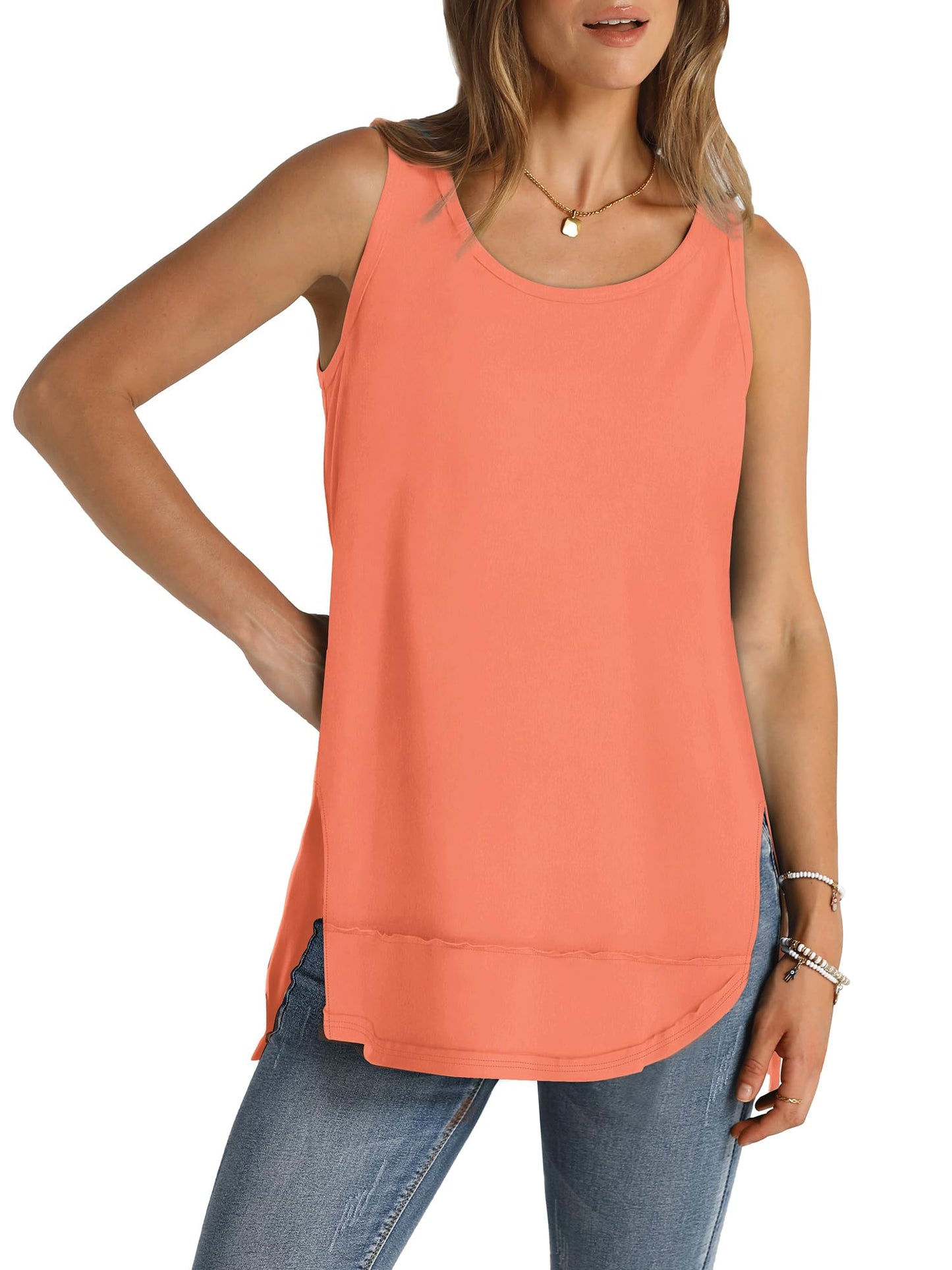 Women Scoop Neck Summer Side Split Sleeveless Shirts