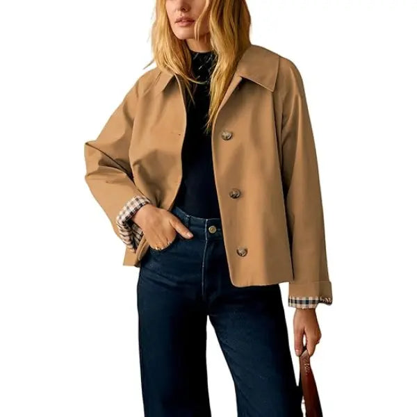 Women Lapel Collar Plaid Lined Single Breasted Cropped Outerwear