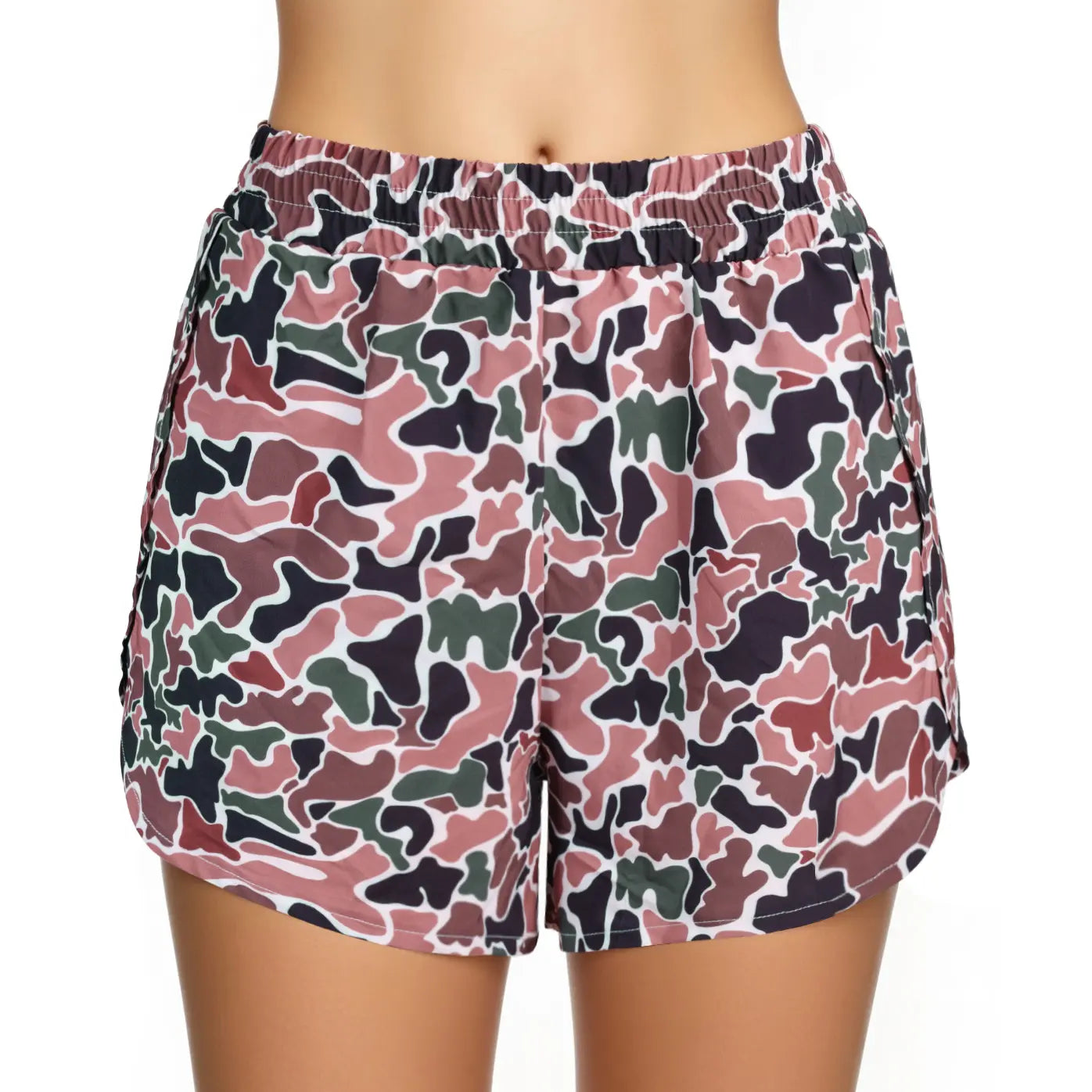 Women Elastic Waist Camo Print Casual Running Shorts with Side Pockets