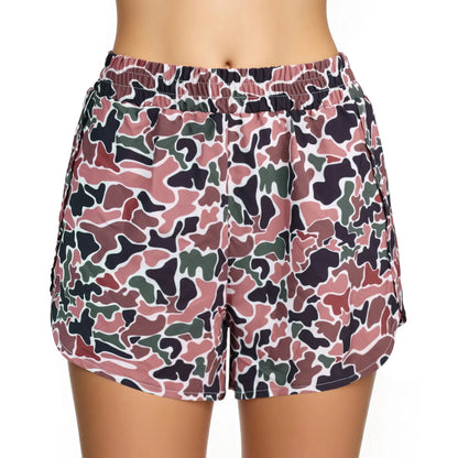 Women Elastic Waist Camo Print Casual Running Shorts with Side Pockets