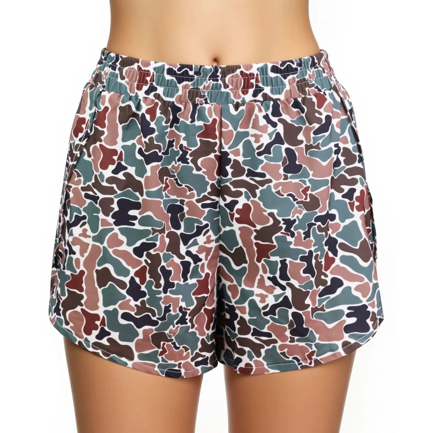 Women Elastic Waist Camo Print Casual Running Shorts with Side Pockets