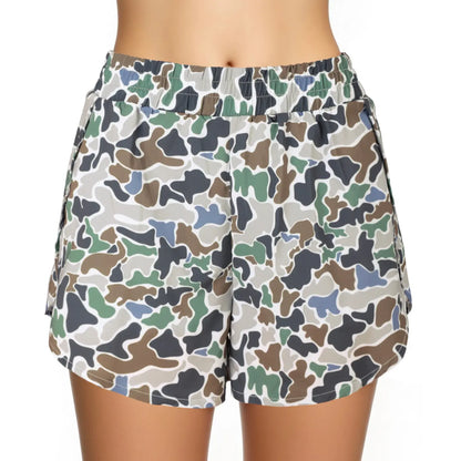 Women Elastic Waist Camo Print Casual Running Shorts with Side Pockets