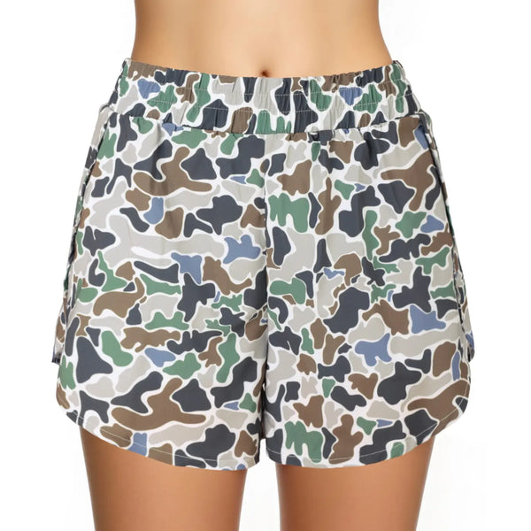 Women Elastic Waist Camo Print Casual Running Shorts with Side Pockets
