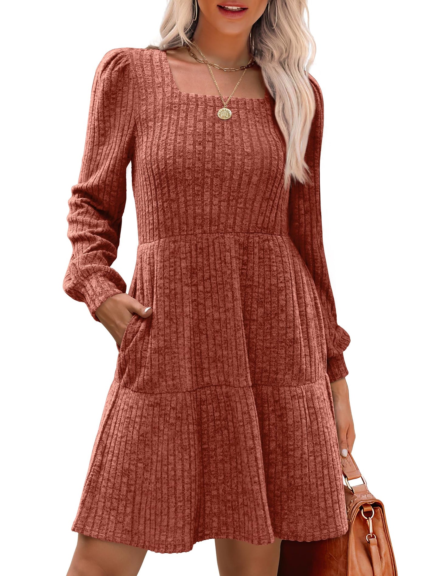 ✨Women's Square Neck Lantern Sleeve Ribbed Dress