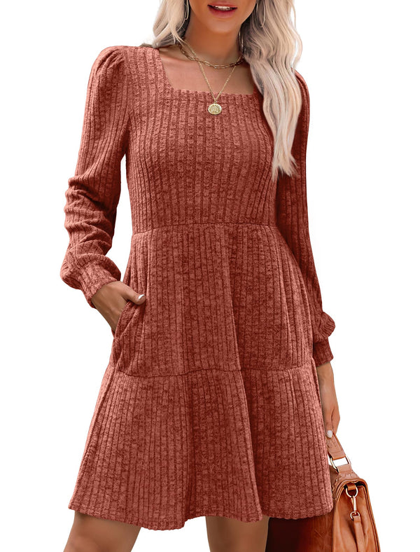 ⏰Hot Sale-Women's Square Neck Lantern Sleeve Ribbed Dress