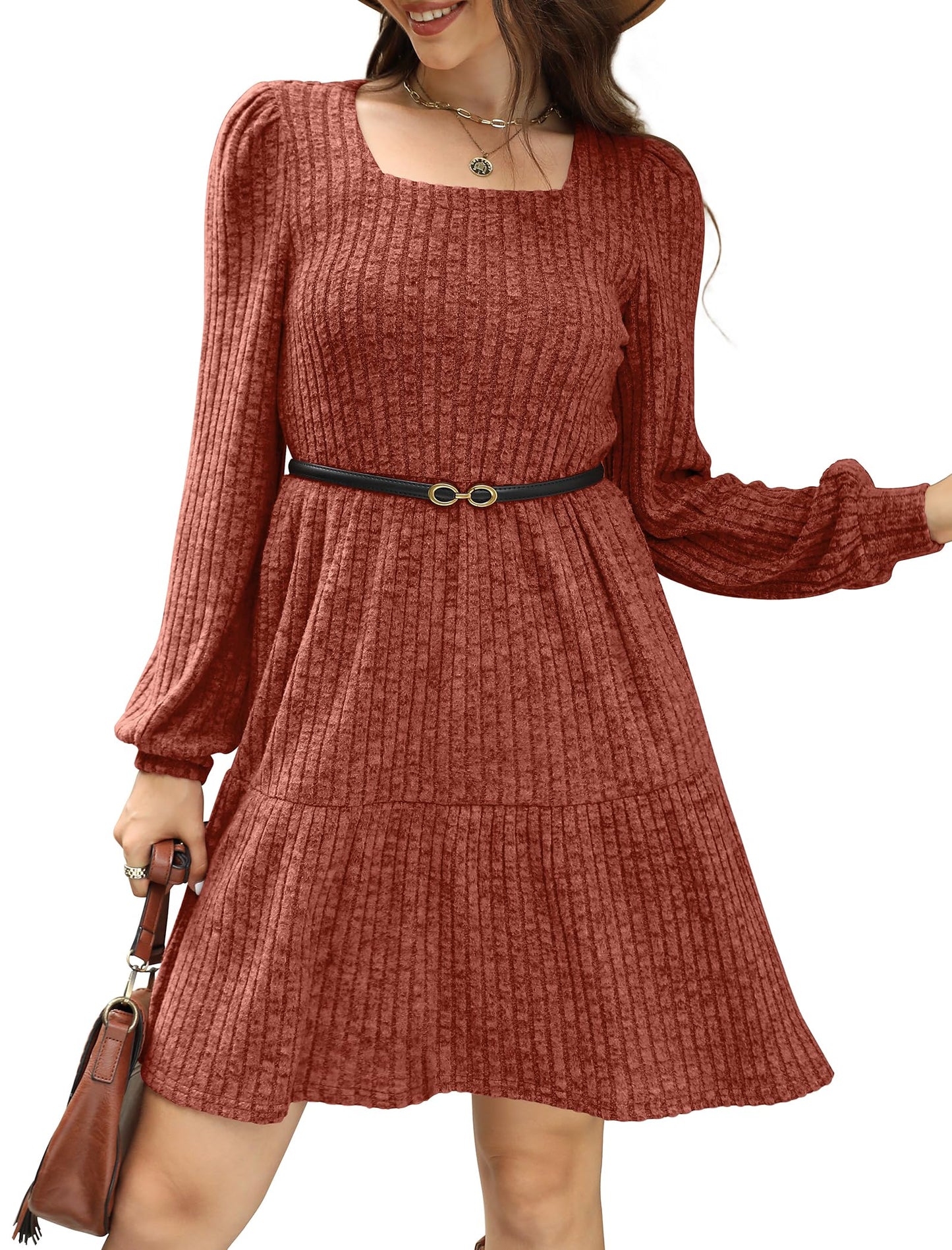 ✨Women's Square Neck Lantern Sleeve Ribbed Dress