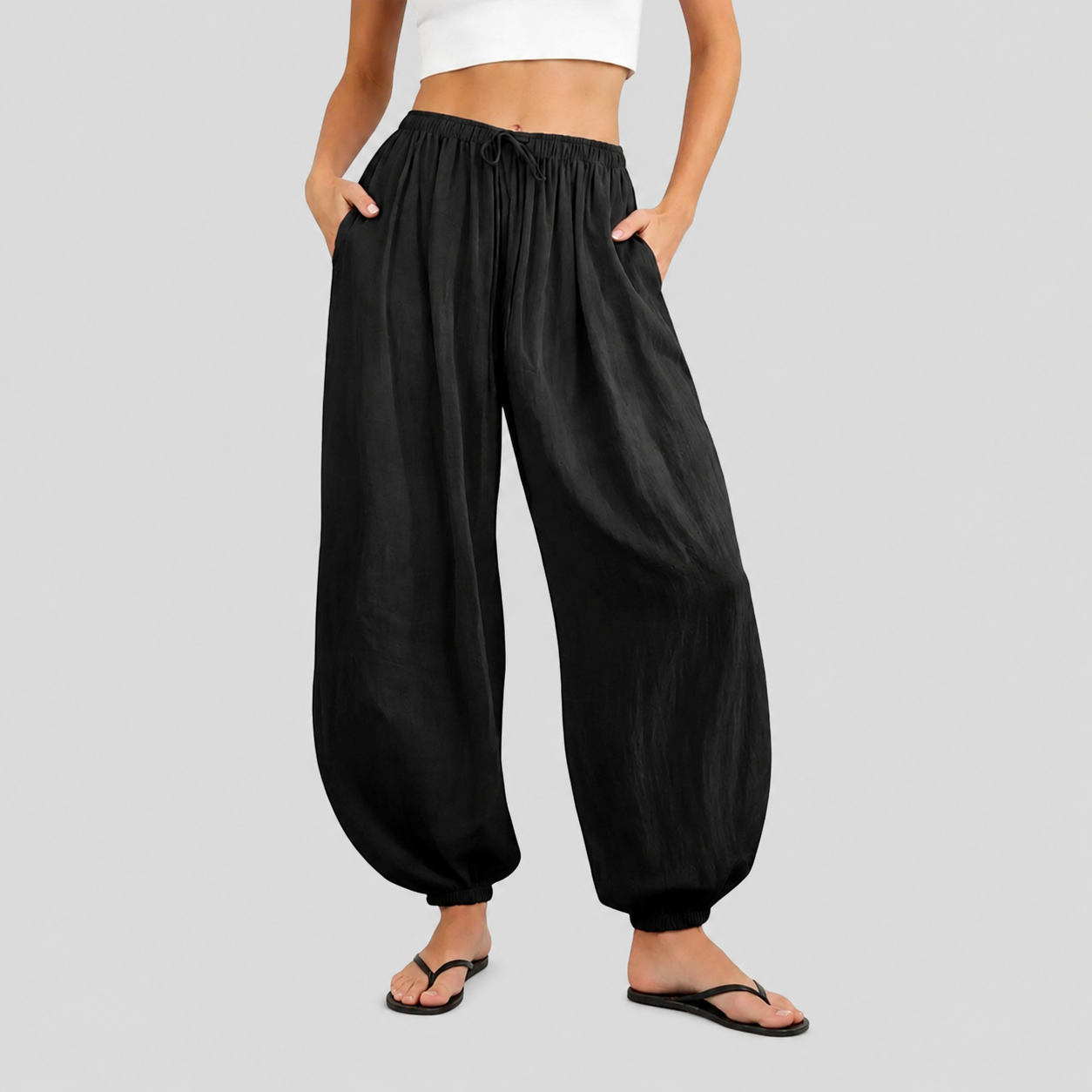 Drawstring Pocket Linen Casual Jogger Pants