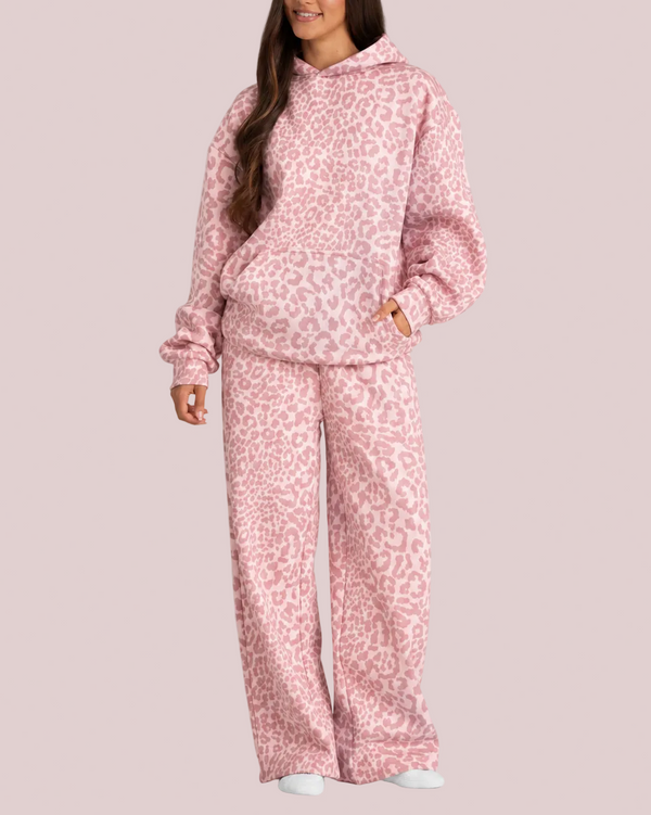 Leopard Print Fleece Hoodie and Pants Two Piece Set
