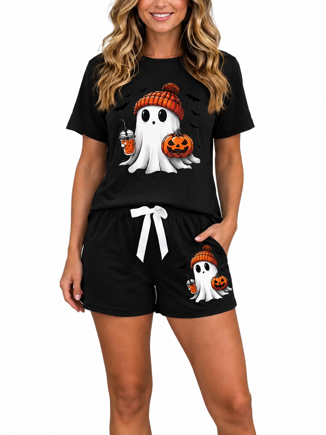 Women's Halloween Ghost Print 2 Piece Pajama Set