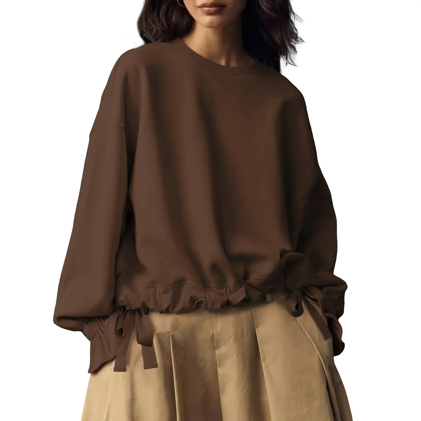 Women Oversized Crew Neck Drawstring Ruffle Hem Long Sleeve Blouse