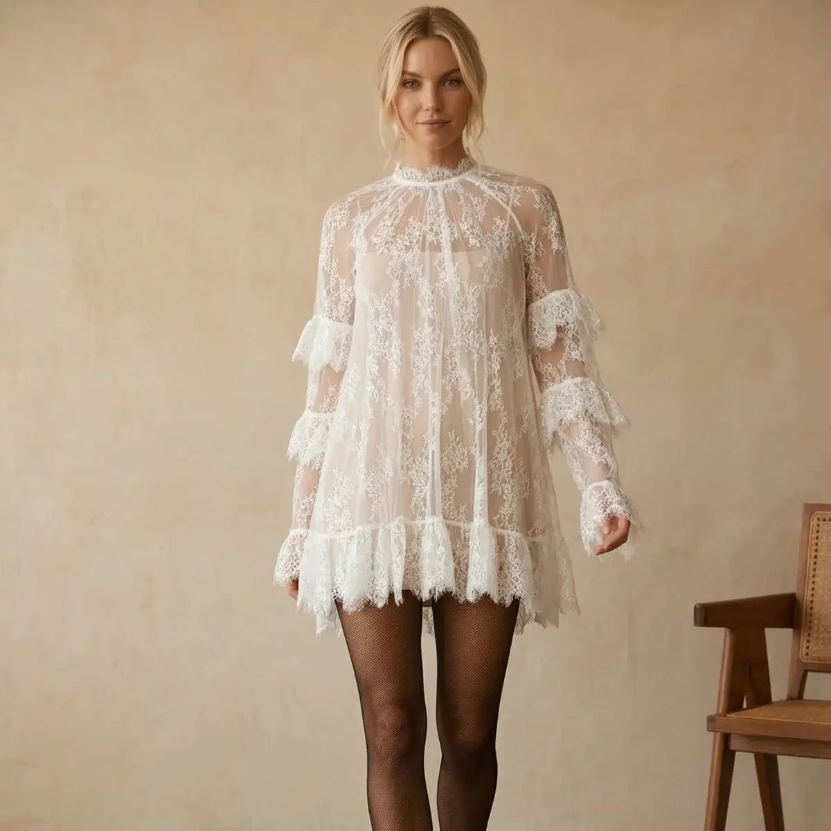 Women's Long Sleeve Crew Neck Sheer Lace See Through Dress