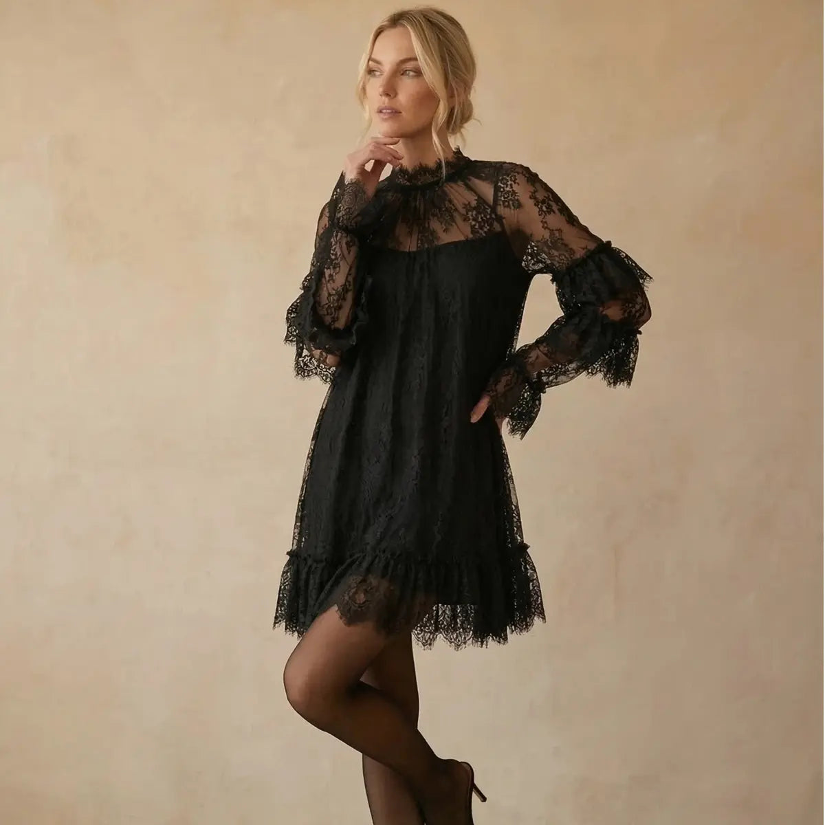Women's Long Sleeve Crew Neck Sheer Lace See Through Dress