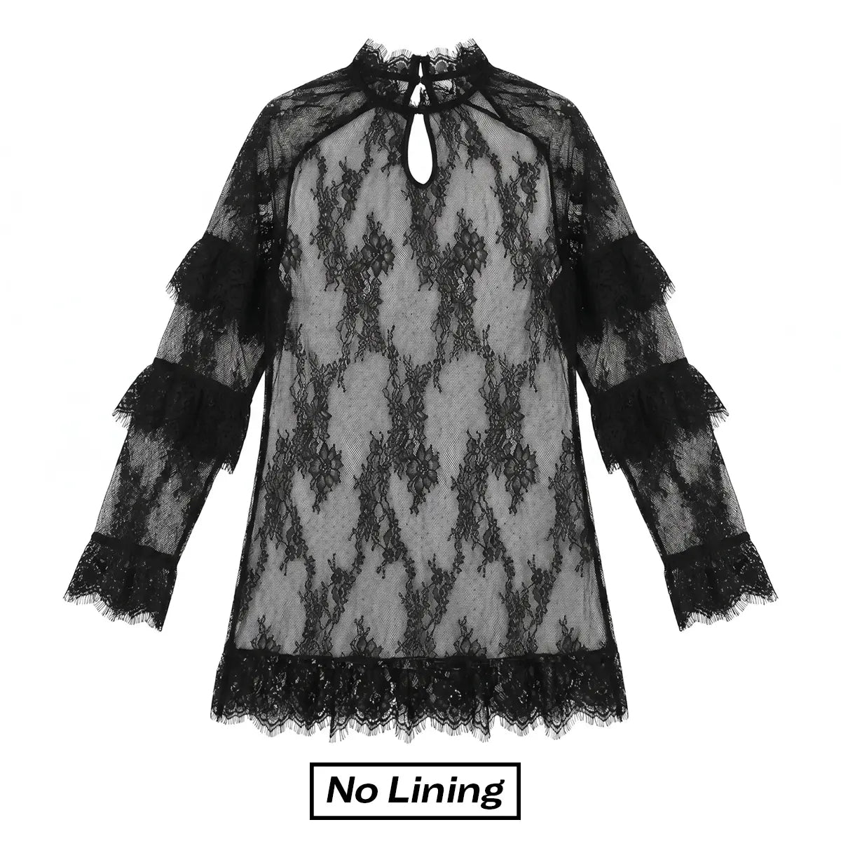 Women's Long Sleeve Crew Neck Sheer Lace See Through Dress