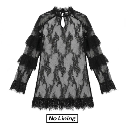 Women's Long Sleeve Crew Neck Sheer Lace See Through Dress