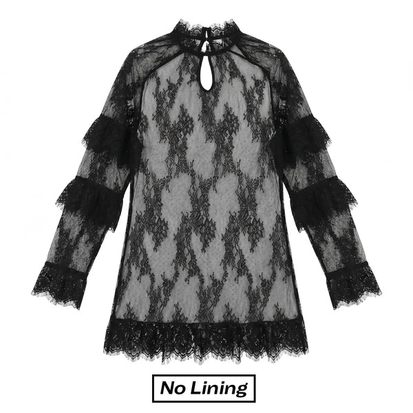 Women's Long Sleeve Crew Neck Sheer Lace See Through Dress