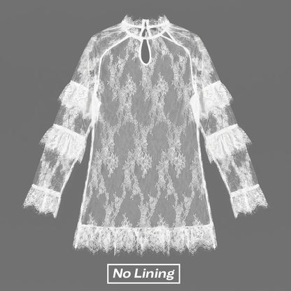 Women's Long Sleeve Crew Neck Sheer Lace See Through Dress