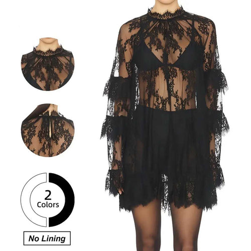 Women's Long Sleeve Crew Neck Sheer Lace See Through Dress