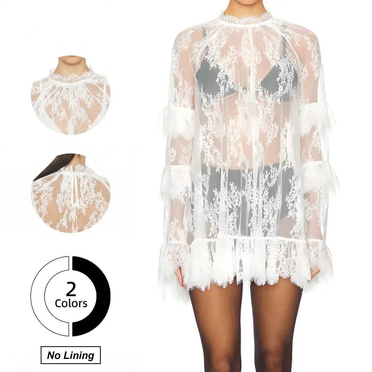 Women's Long Sleeve Crew Neck Sheer Lace See Through Dress