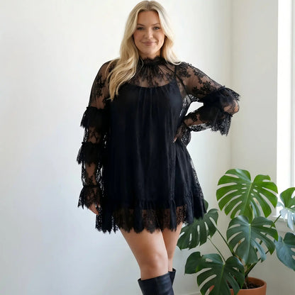 Women's Long Sleeve Crew Neck Sheer Lace See Through Dress