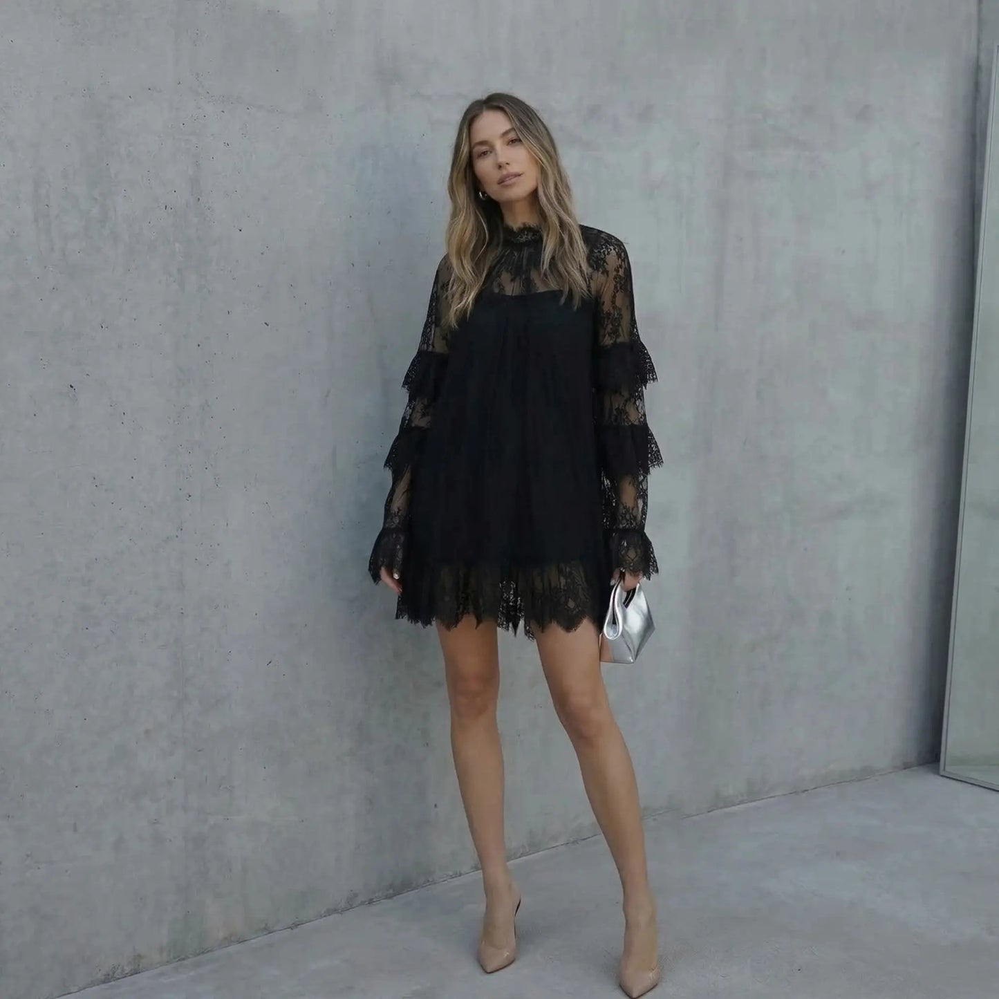 Women's Long Sleeve Crew Neck Sheer Lace See Through Dress