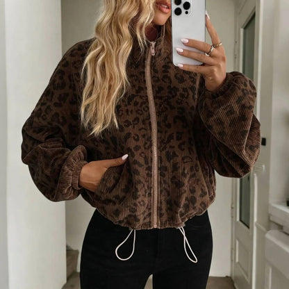 Women's Cropped Zip Up Leopard Print Corduroy Jacket