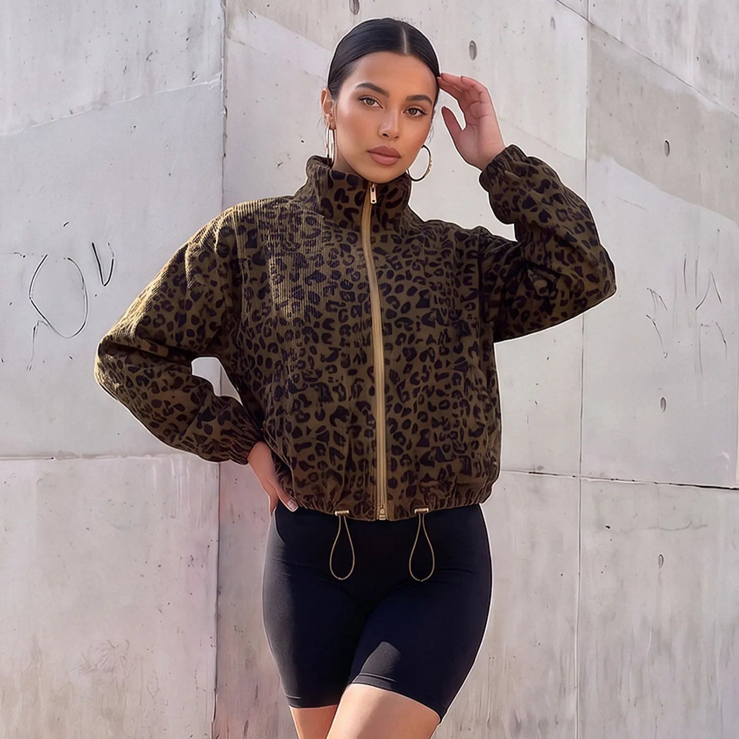 Women's Cropped Zip Up Leopard Print Corduroy Jacket