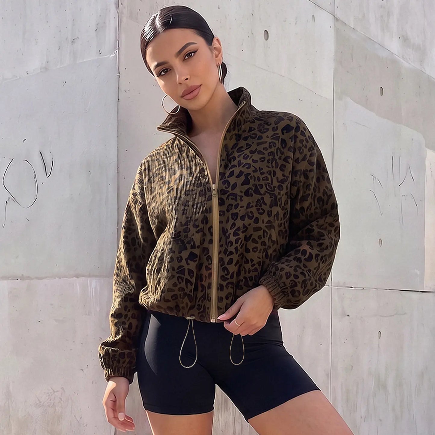 Women's Cropped Zip Up Leopard Print Corduroy Jacket