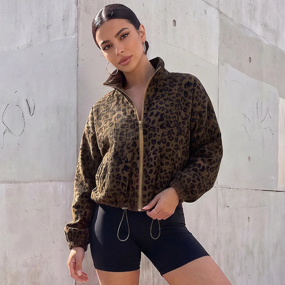 Women's Cropped Zip Up Leopard Print Corduroy Jacket