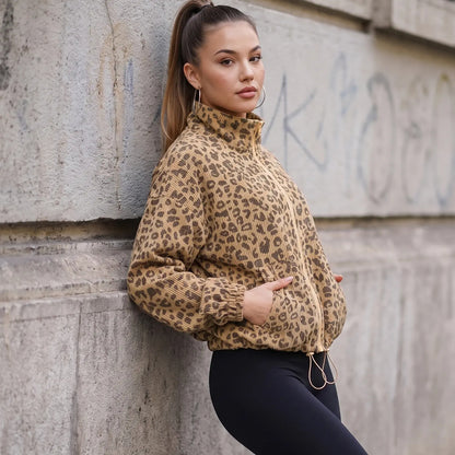 Women's Cropped Zip Up Leopard Print Corduroy Jacket
