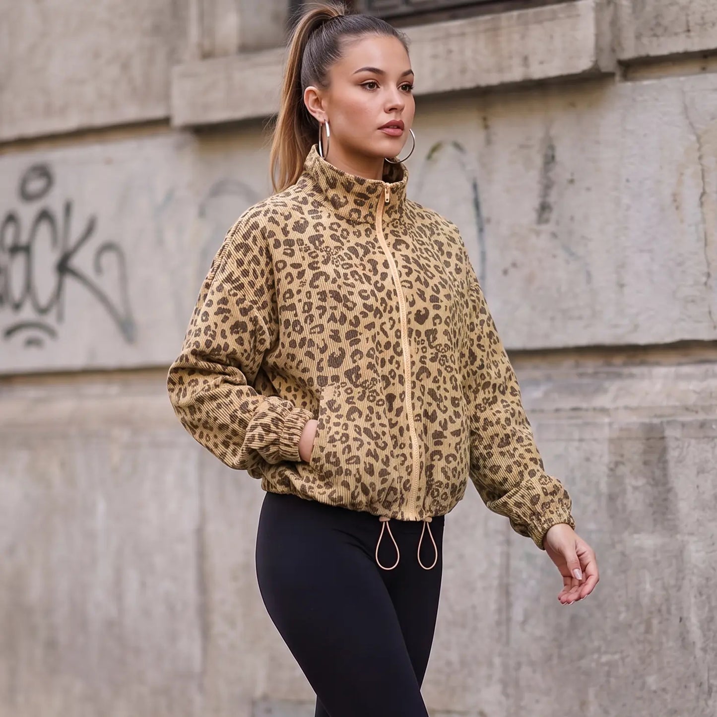 Women's Cropped Zip Up Leopard Print Corduroy Jacket