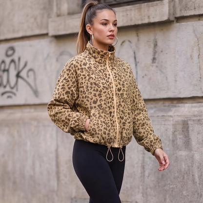 Women's Cropped Zip Up Leopard Print Corduroy Jacket