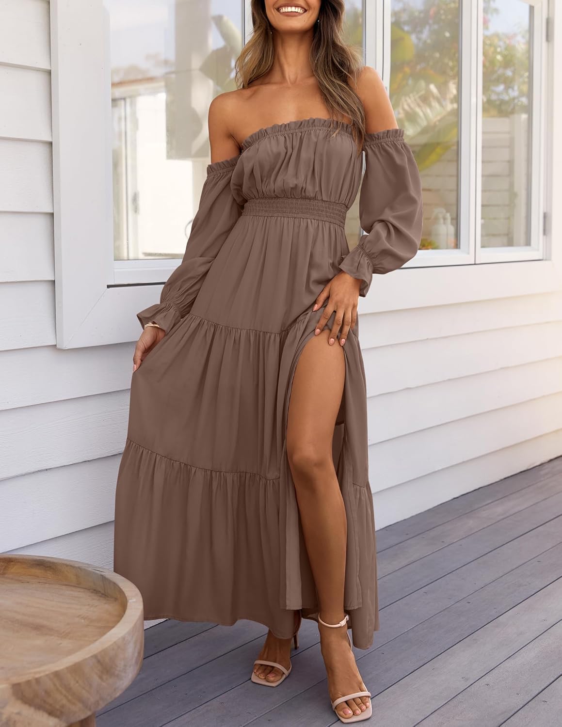 ⏰Hot Sale-Women's Boho Off Shoulder Long Sleeve Side Split Flowy A Line Long Maxi Dress