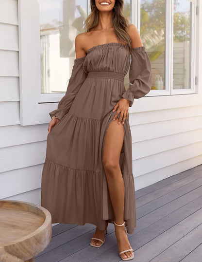 ⏰Hot Sale-Women's Boho Off Shoulder Long Sleeve Side Split Flowy A Line Long Maxi Dress