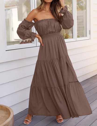 ⏰Hot Sale-Women's Boho Off Shoulder Long Sleeve Side Split Flowy A Line Long Maxi Dress