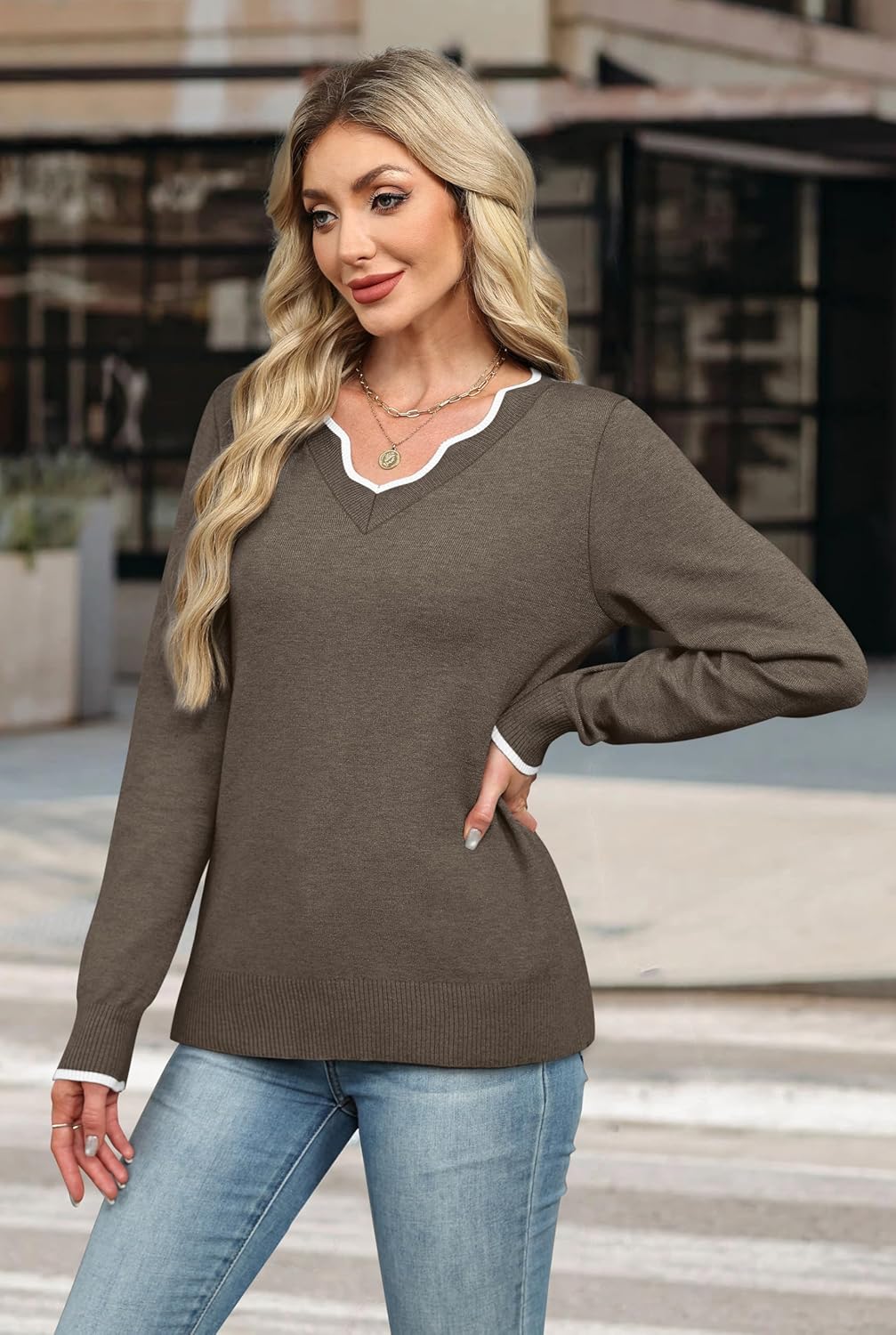 ✨Womens Cozy Lightweight V Neck Sweaters Pullover