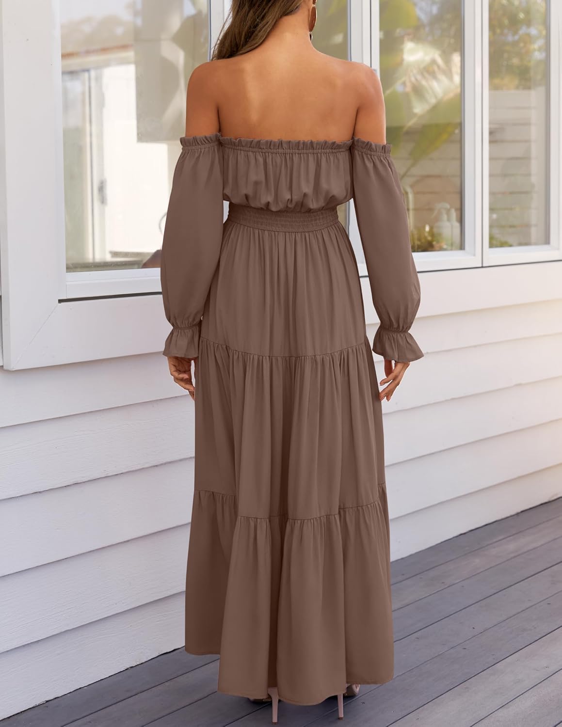 ⏰Hot Sale-Women's Boho Off Shoulder Long Sleeve Side Split Flowy A Line Long Maxi Dress