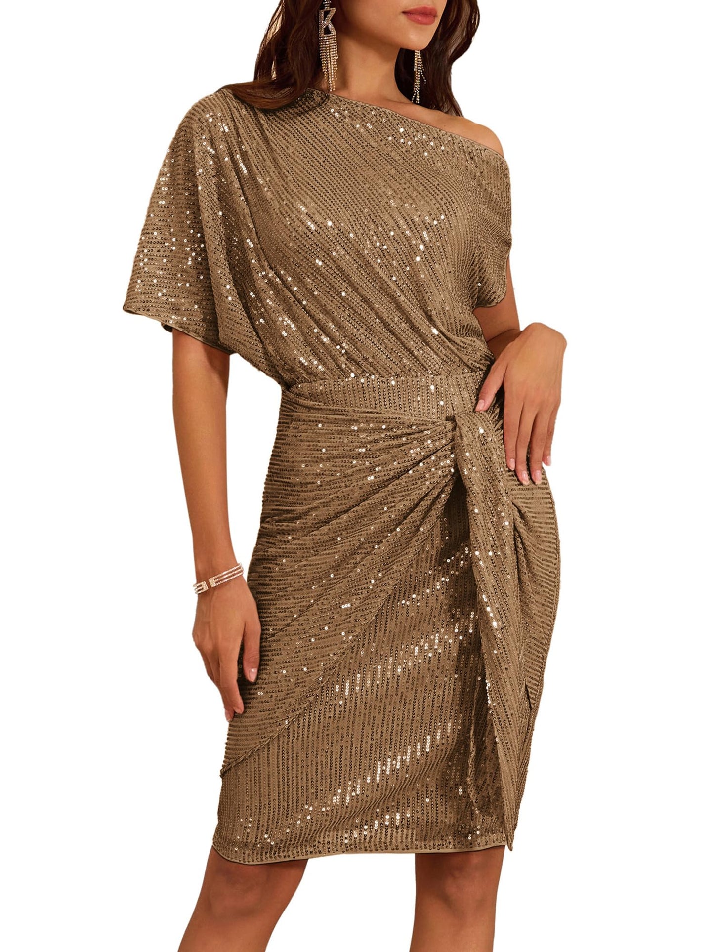 ✨Women's Sequin Sparkly Glitter One Shoulder Ruched Bodycon Dress(Last day 50% OFF!!!)