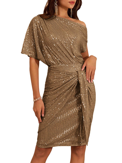✨Women's Sequin Sparkly Glitter One Shoulder Ruched Bodycon Dress(Last day 50% OFF!!!)