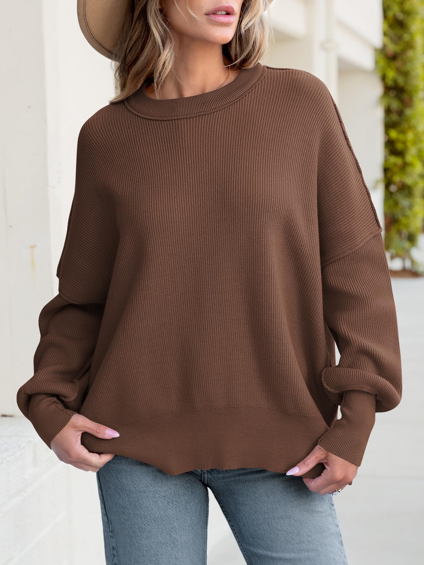 Women Oversized Side Slit Ribbed Knit Pullover Sweaters Top