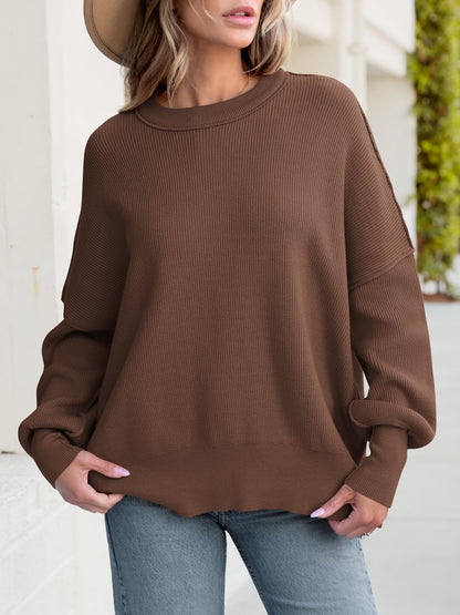 Women Oversized Side Slit Ribbed Knit Pullover Sweaters Top