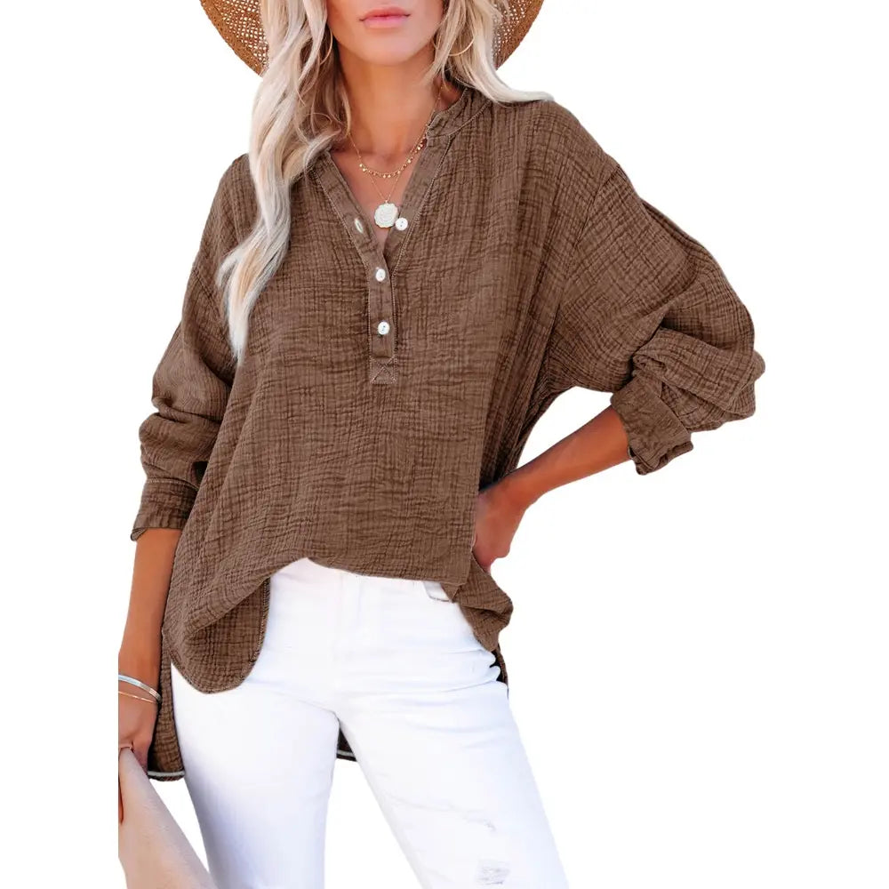 Womens Casual Gauze Button Neck Long Sleeve Oversized Blouses Tops