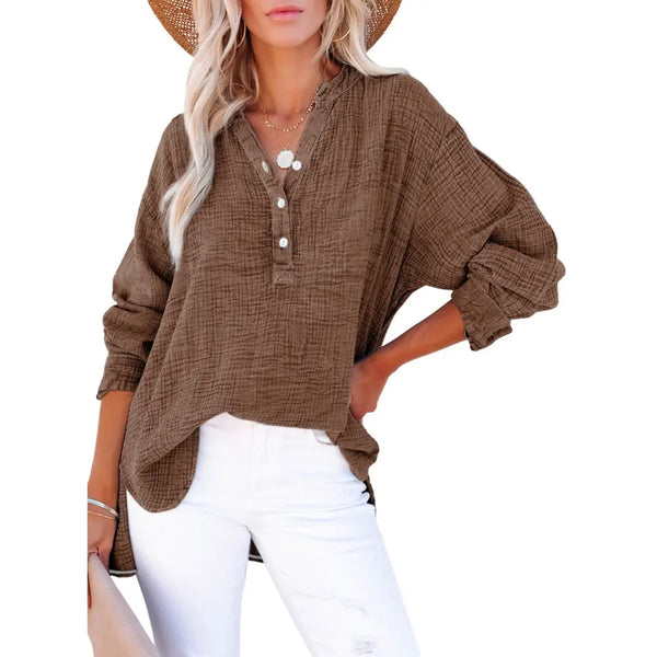 Womens Casual Gauze Button Neck Long Sleeve Oversized Blouses Tops
