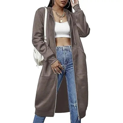 Women Oversized Full Zip Long Length Hooded Jacket with Side Pockets