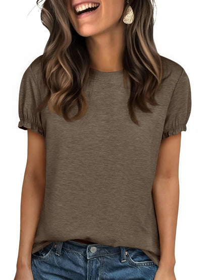 Women's Crew Neck Puff Sleeve Casual T-Shirt