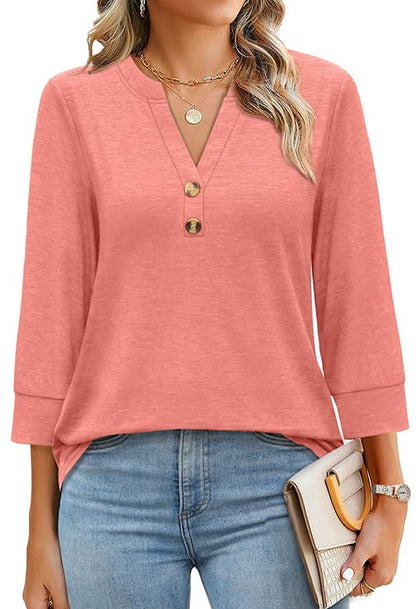 ✨Womens 3/4 Sleeve Heley Button V neck Tops