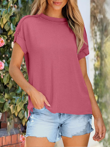 ✨Womens Short Sleeve Crewneck Shirts Ribbed Knit High Low Hem Tops