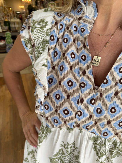 Women's Casual Printed Ruffle Sleeve Midi Dress