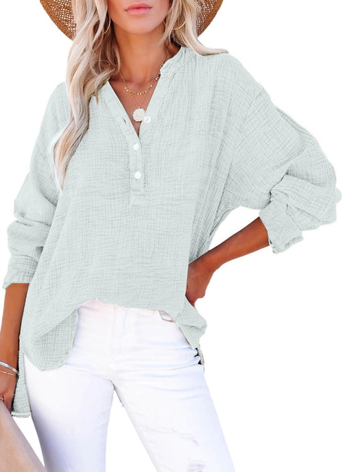 ✨Womens Casual Gauze Button Neck Long Sleeve Oversized BlousesTops