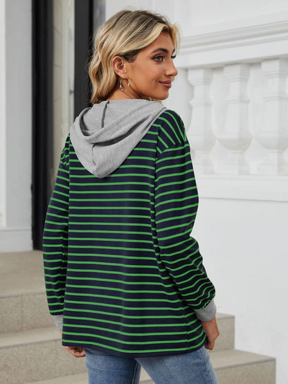 Women's Drawstring Striped Long Sleeve Hoodie