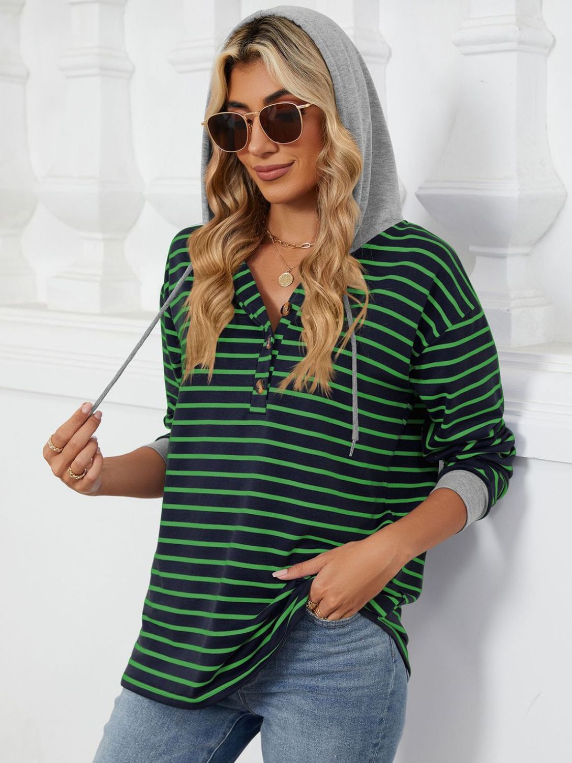 Women's Drawstring Striped Long Sleeve Hoodie